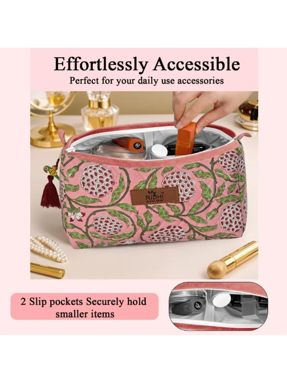 Strawberry Pink Floral Toiletry Bag Set of 3 - 100% Cotton, Waterproof Travel